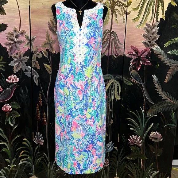 🧜‍♀️💞Lilly Pulitzer Gabby 20" Stretch Shift Dress Multi Mermaids Cove 💞🧜‍♀️ - Picture 4 of 7